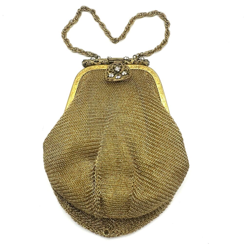 Made in US Zone Germany vintage gold tone mesh purse rhinestones wristlet bag